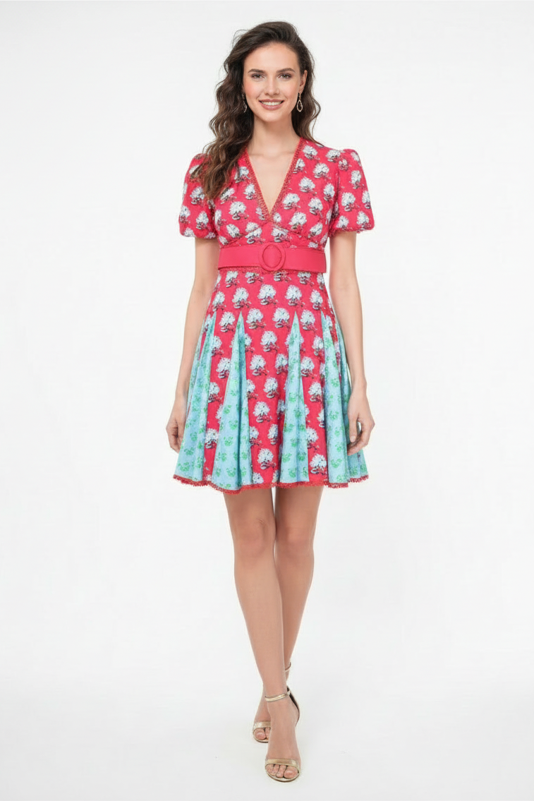 Floral Print Short Sleeve Belted Skater Dress