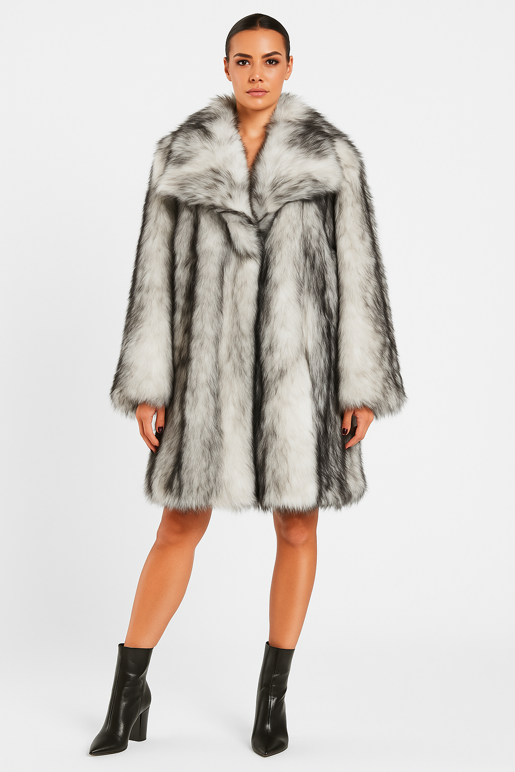 3 Tone Luxurious Knee Length Faux Fur Coat