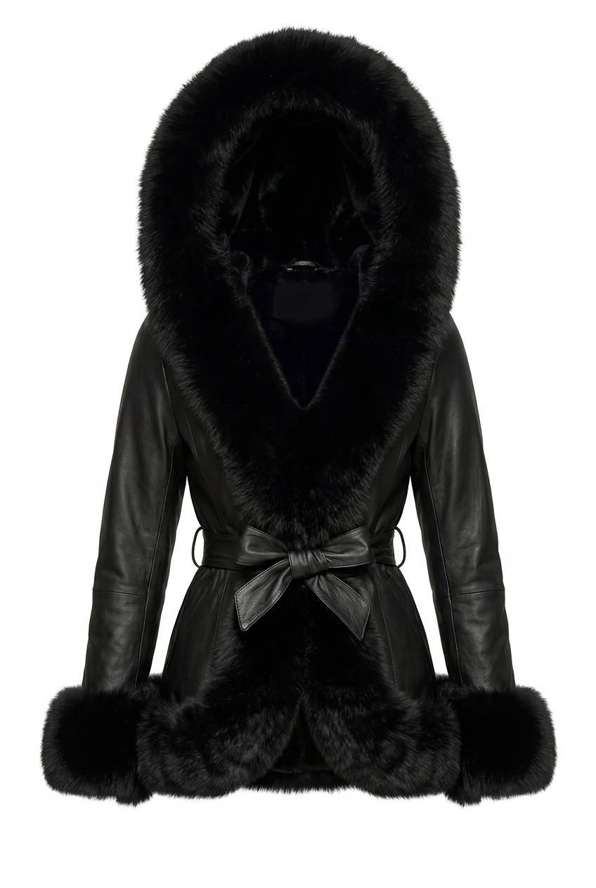 Faux Fur Trim And Lining Leather Look Tie Belt Elegant Hooded Peplum Winter Jacket