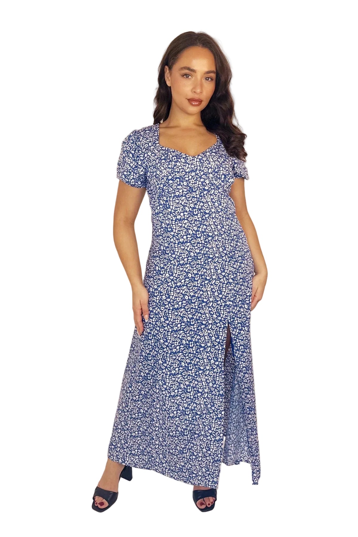 Daisy Print Side Slit Long Viscose Summer Dress