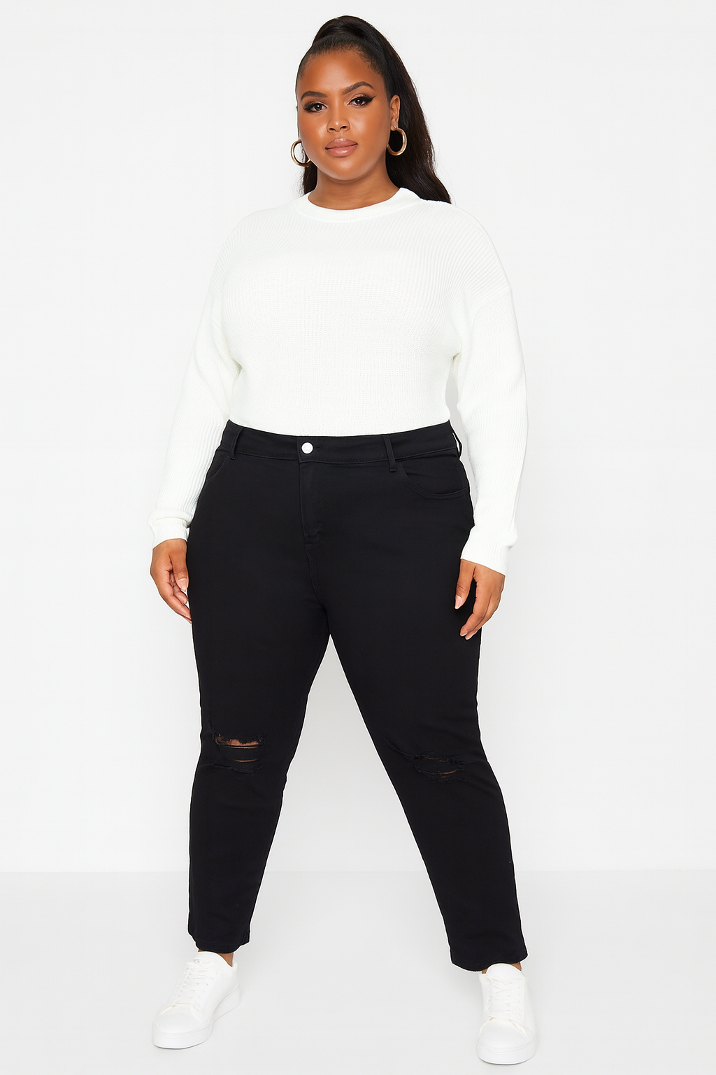 Black Ripped Knee High Waist Lift And Shape Jeans
