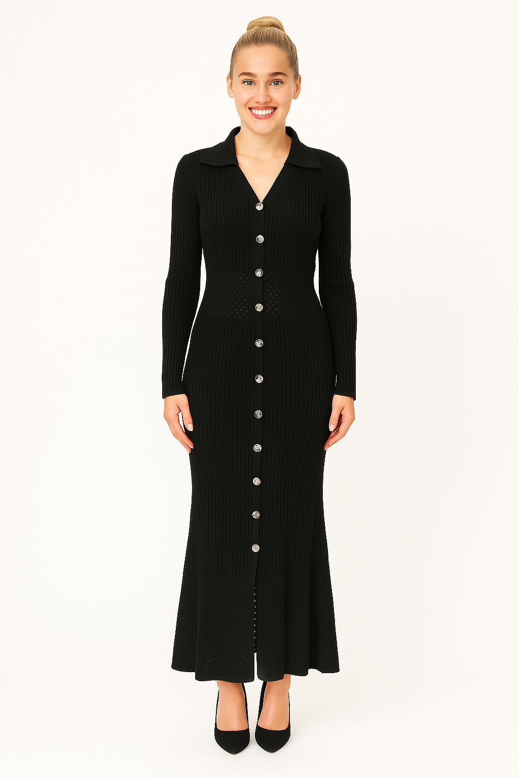 Perforated Waist Panel Button Detail Viscose Blend Extra Long Knitted Dress