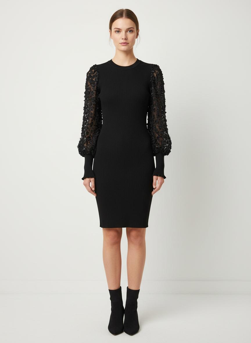 Balloon Applique Detail Sleeve Knitted Short Bodycon Dress