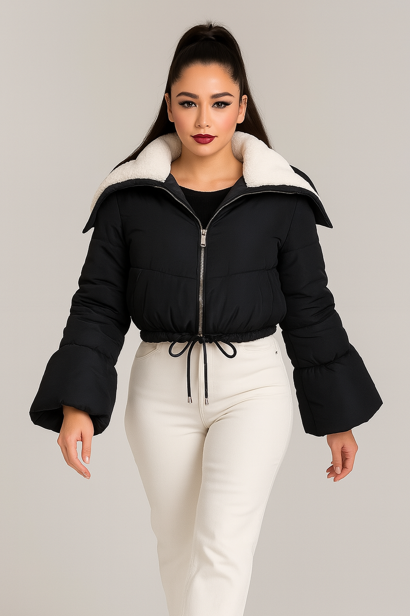 Borg Trim Bell Sleeve Cropped Spring Puffer Jacket