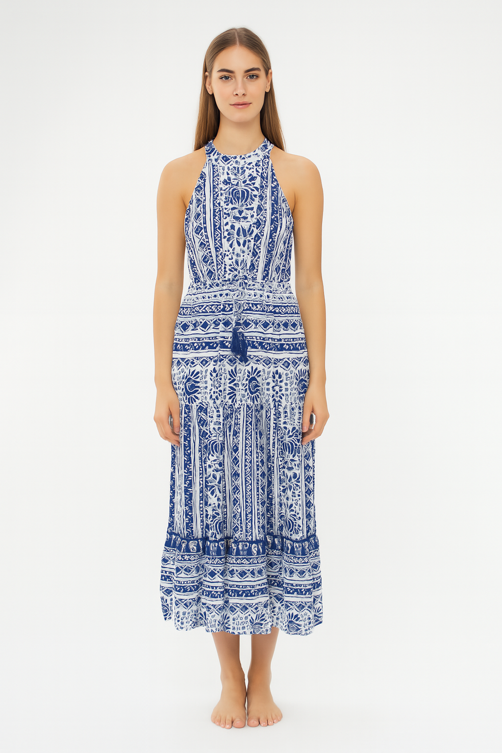 Halterneck Bohemian Floral Geometric Print Tie Up Layered Viscose Maxi Dress