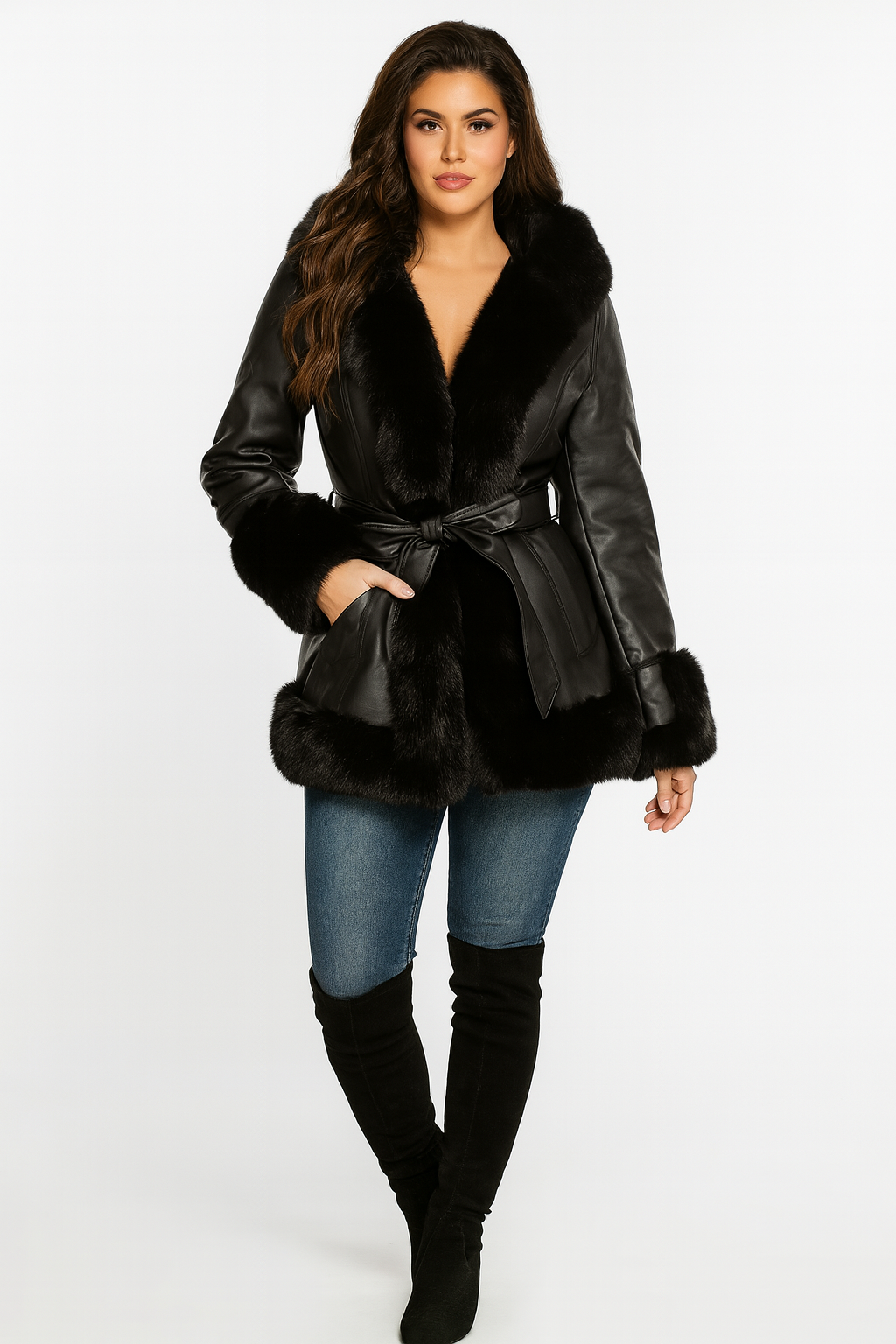 Faux Fur Trim And Lining Leather Look Tie Belt Elegant Hooded Peplum Winter Jacket