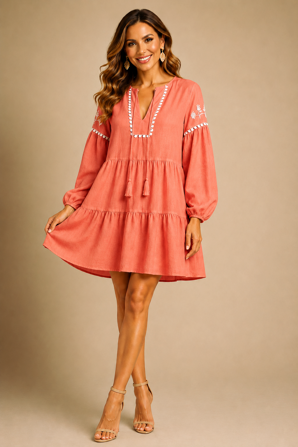 Viscose Blend Long Sleeve Embroidered Flowy Short Dress