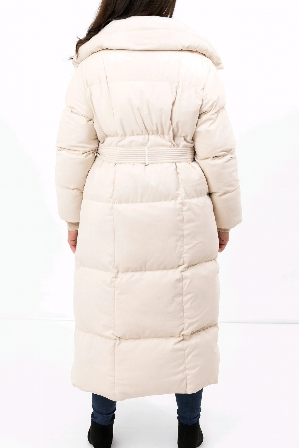 High Neck Quilted Tie Belt Relaxed Fit Long Winter Jacket