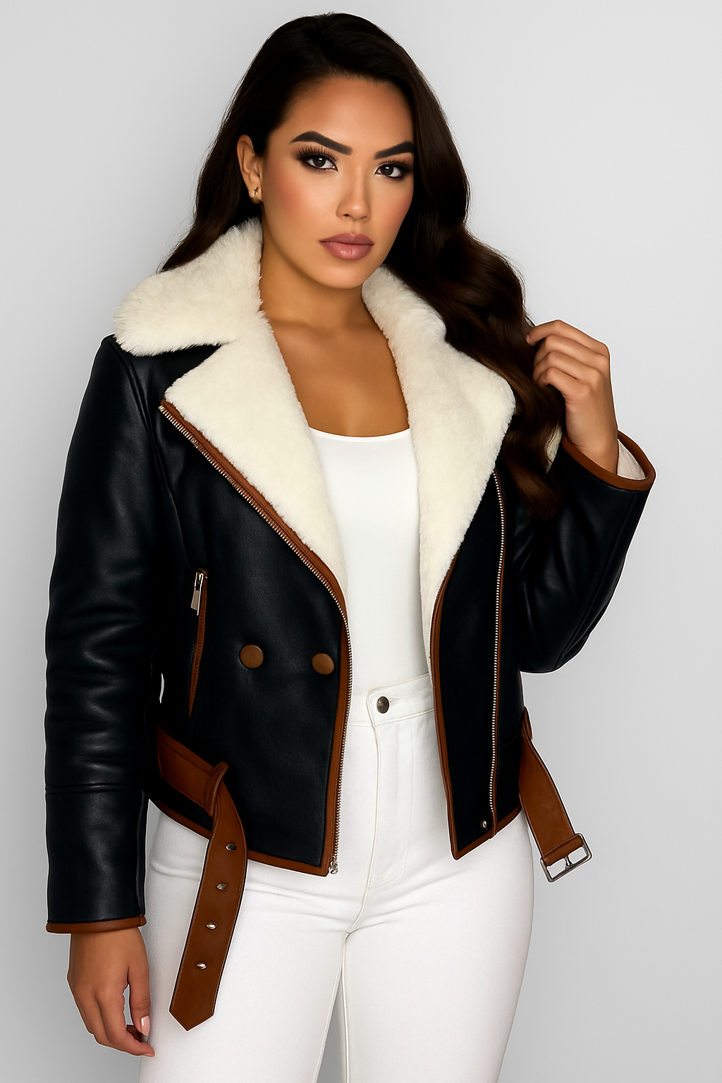 Vegan Leather Shearling Lining Belted Aviator Jacket