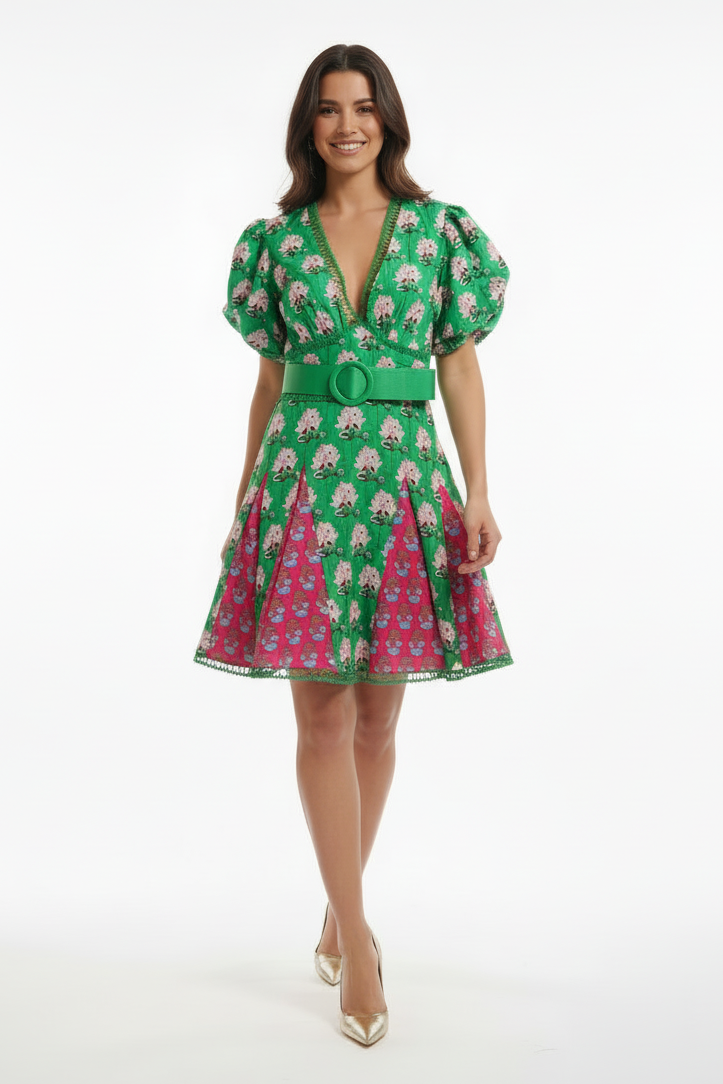 Floral Print Short Sleeve Belted Skater Dress