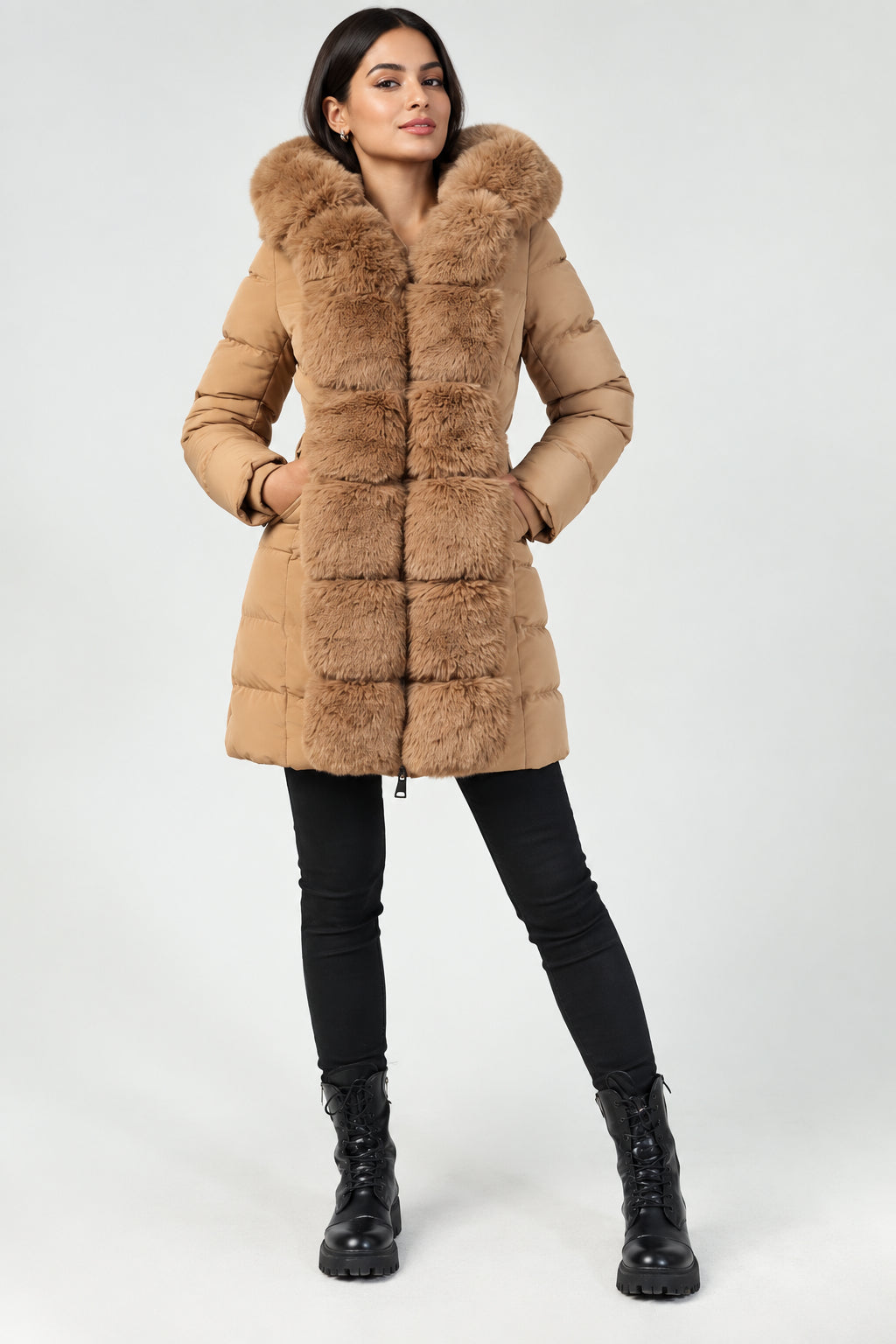 Faux Fur Trimmed Hood Belted Puffer Jacket