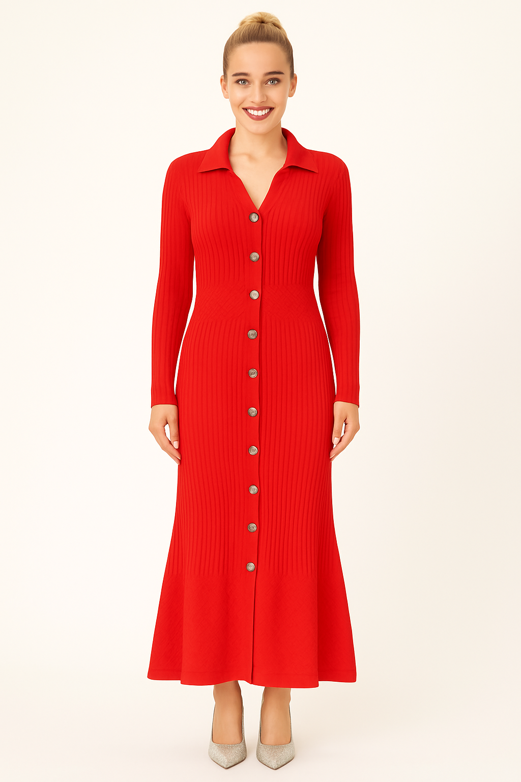 Perforated Waist Panel Button Detail Viscose Blend Extra Long Knitted Dress