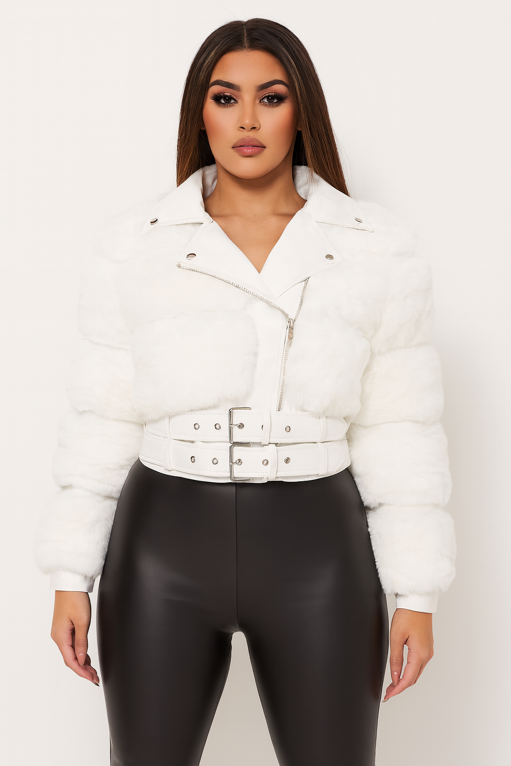 Faux Fur And Vegan Leather Double Belt Biker Jacket