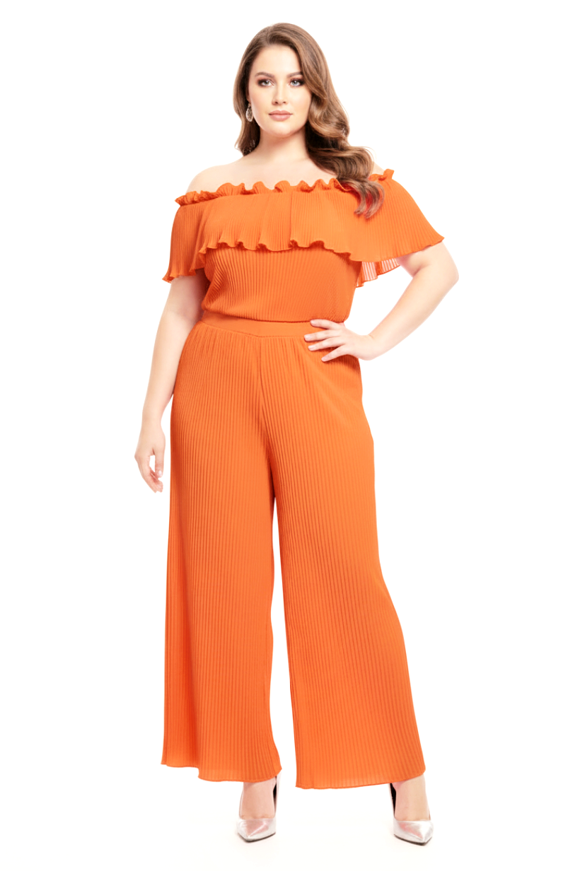 Plus Size Off Shoulder Top And Wide Leg Trousers Pleated Chiffon Coord Set