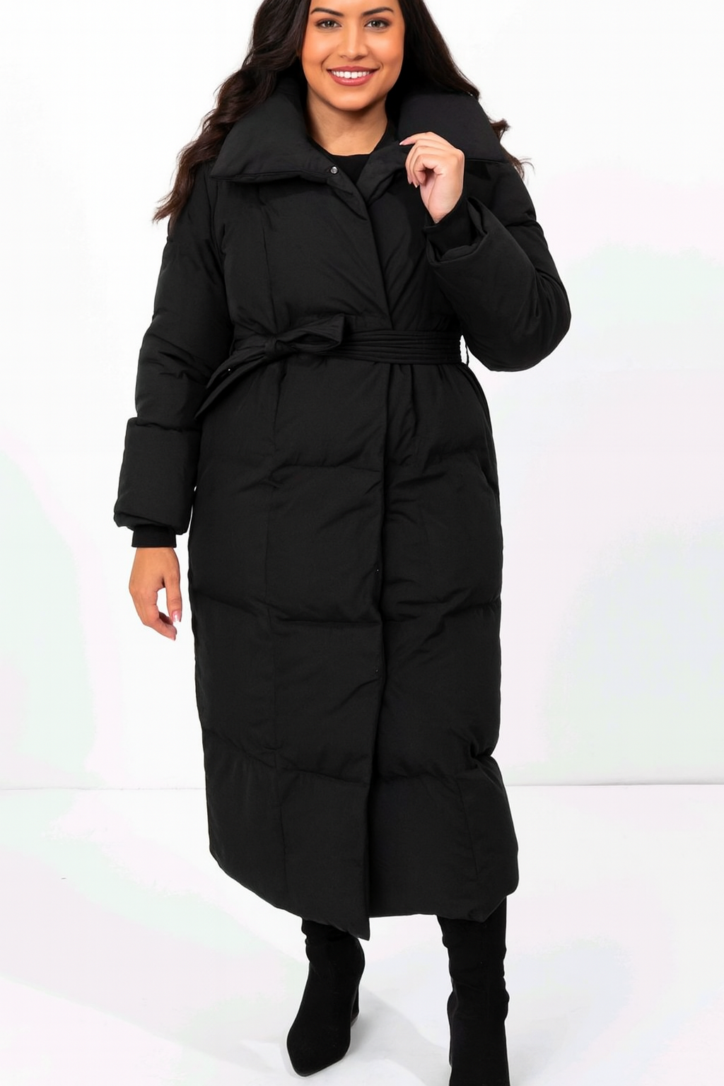 High Neck Quilted Tie Belt Relaxed Fit Long Winter Jacket