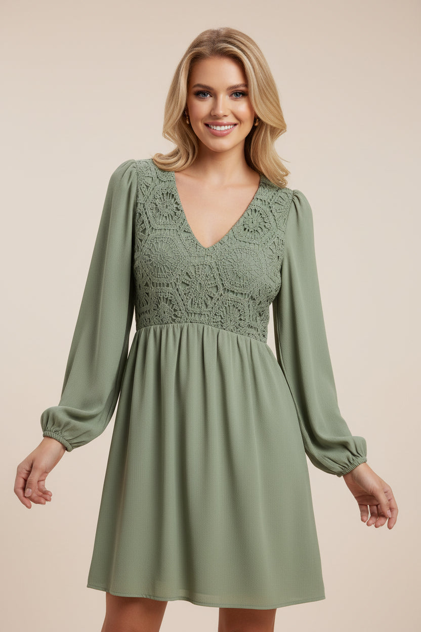 Embroidered Detail Long Sleeve Flowy Dress