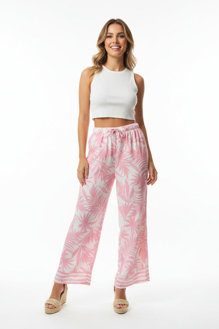 Wide Leg Palm Print Viscose Trousers