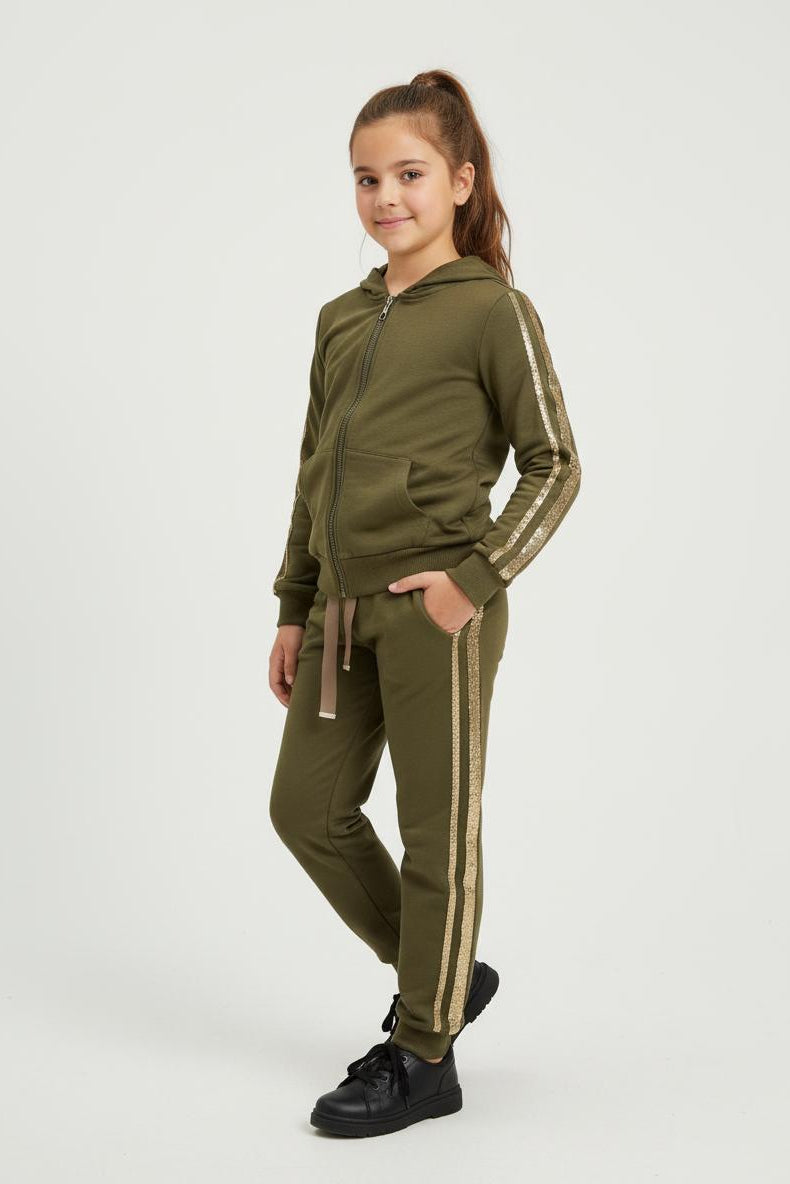 Army Green Shimmer Stripe Kids Tracksuit Set