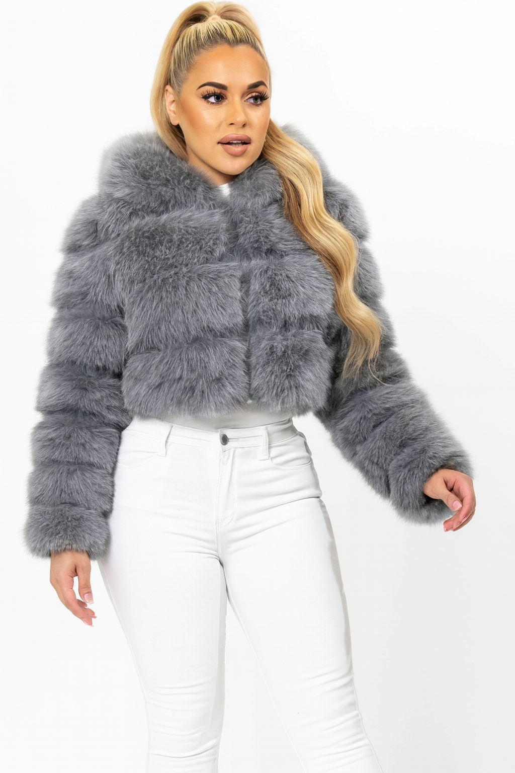 Faux Fur and Vegan Leather Stripes Hooded Cropped Jacket
