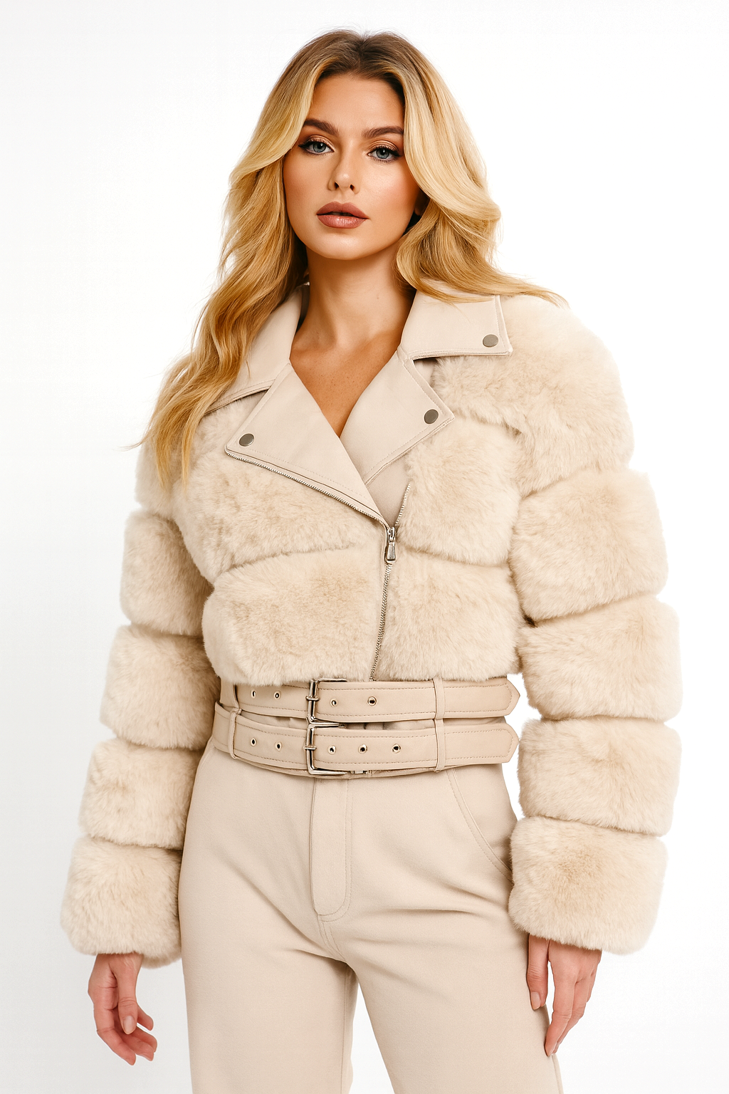 Faux Fur And Vegan Leather Double Belt Biker Jacket
