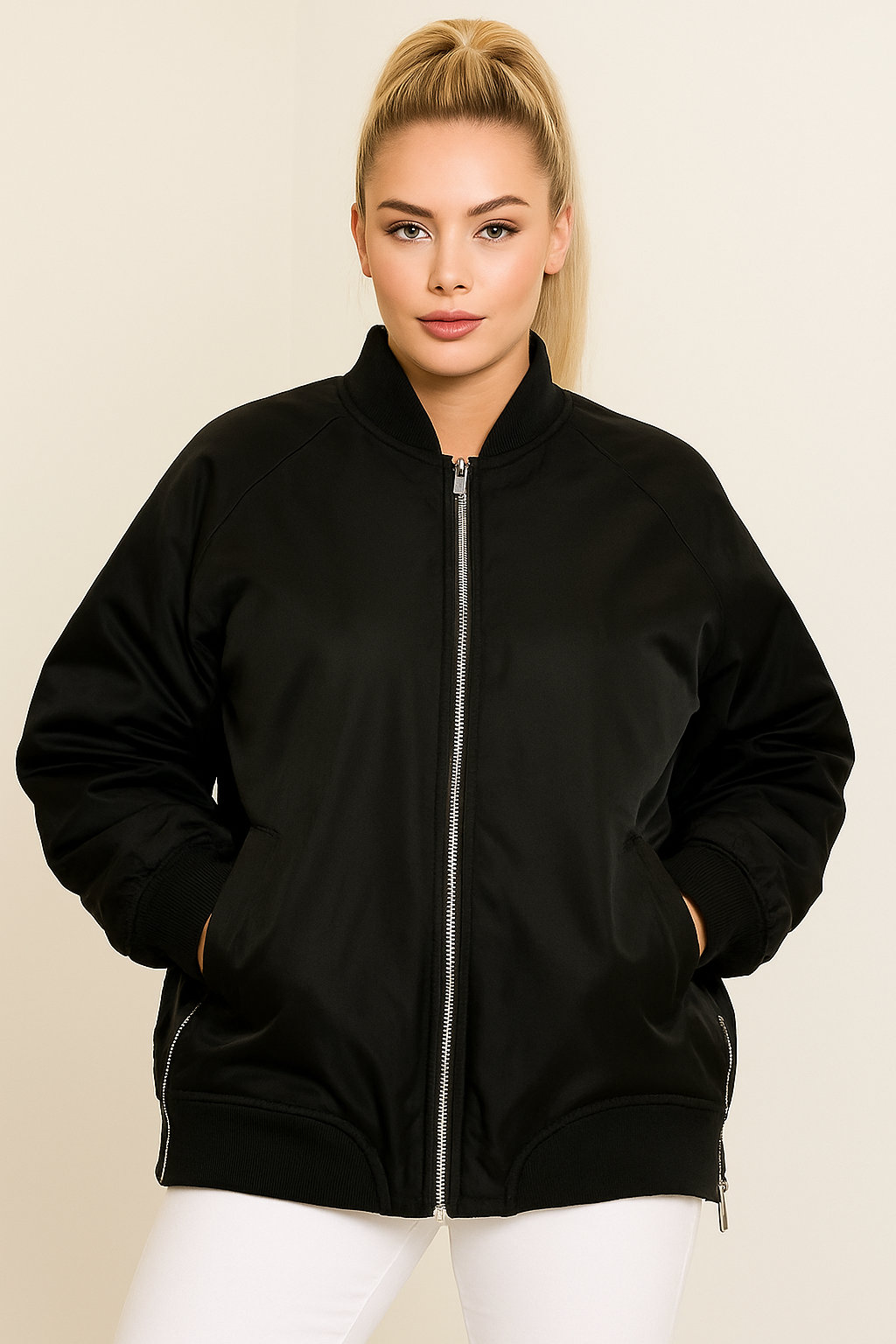 Side Zip Detail Relaxed Fit Bomber Jacket