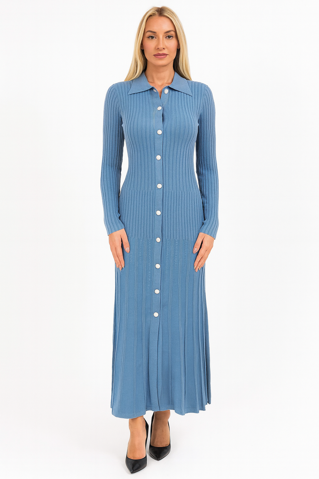 Ribbed Viscose Blend Button Detail Extra Long A-Line Knitted Dress