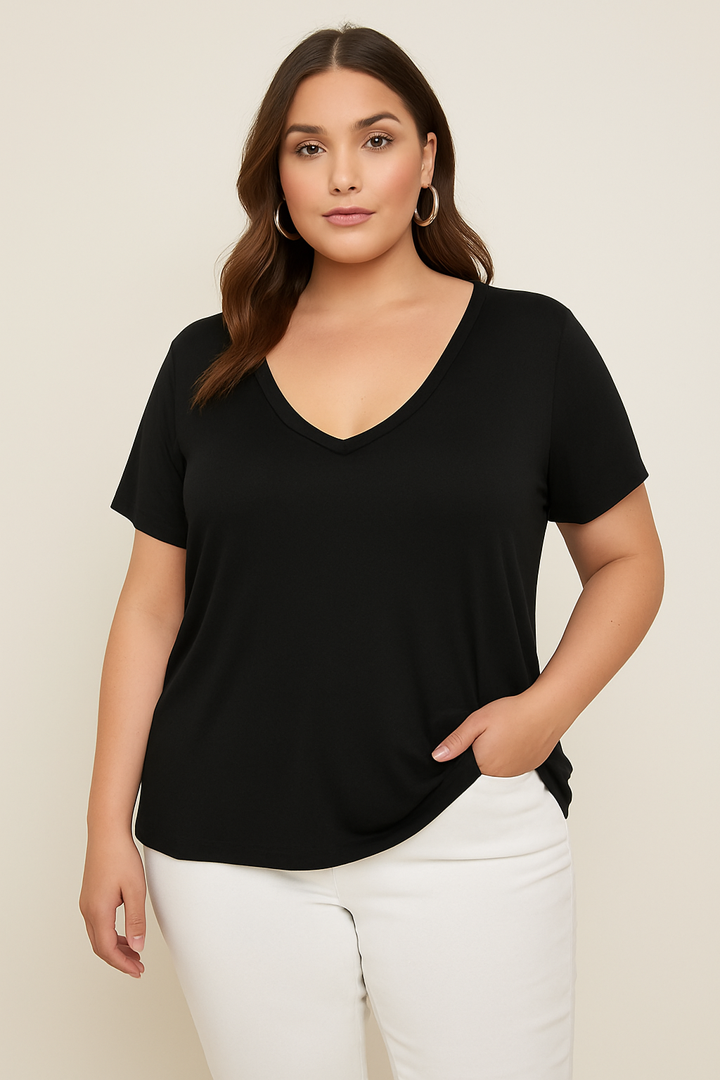 V-Neck Short Sleeve Lightweight Viscose Blend Basic T-shirt