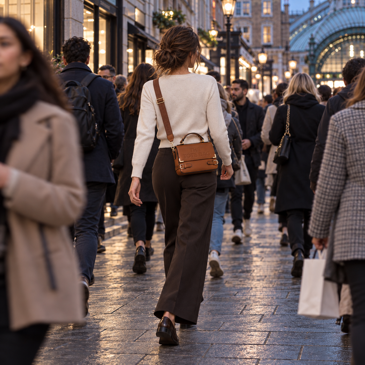 Woman carrying a brown crossbody bag on a busy shopping street, seen from behind