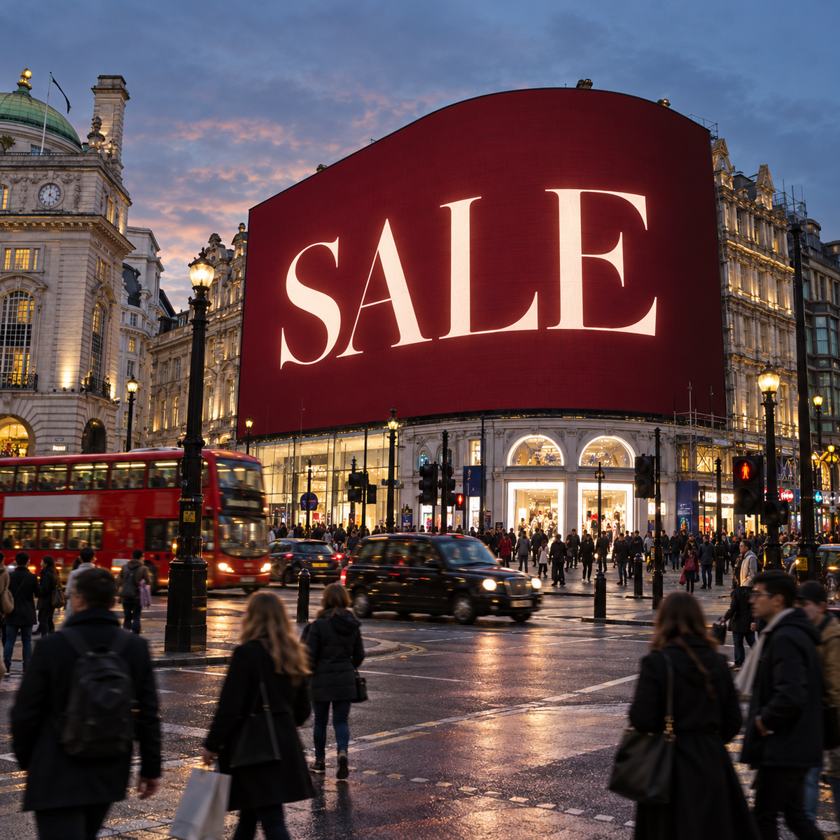 Sale sign lit up on a London street at dusk