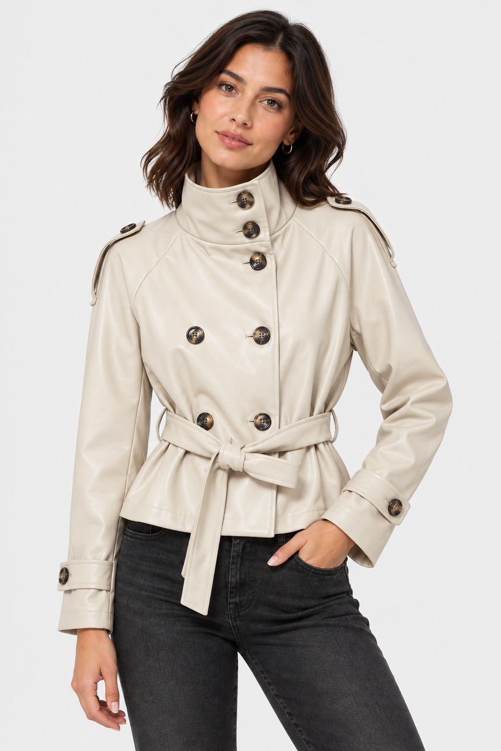 Vegan Leather Belted Cropped Trench Jacket - BEIGE