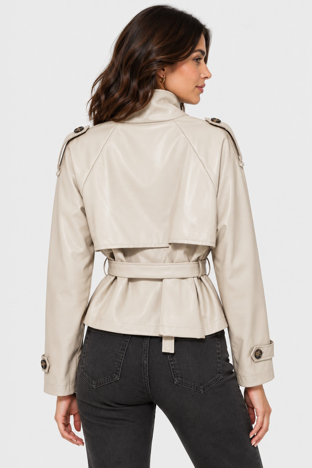 Vegan Leather Belted Cropped Trench Jacket - BEIGE, back view