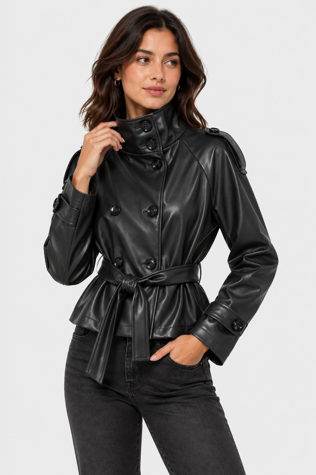 Vegan Leather Belted Cropped Trench Jacket - BLACK