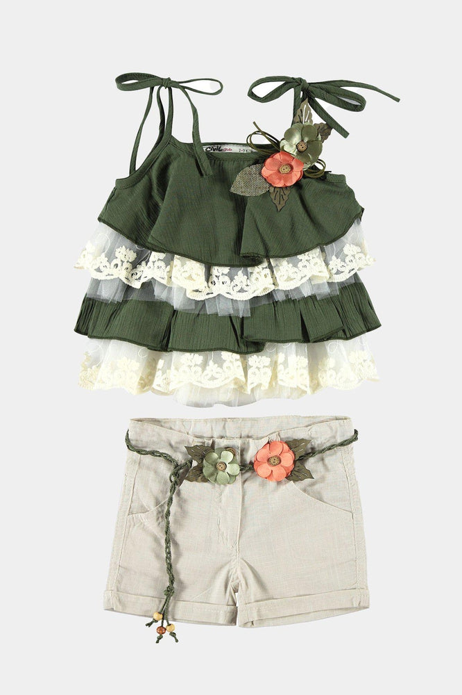 Khaki Layered Top And Shorts Girls Set - SinglePrice