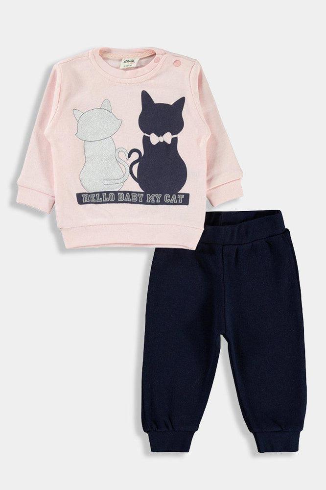 Pink Dark Blue Kitty Print Baby Girl Set-SinglePrice