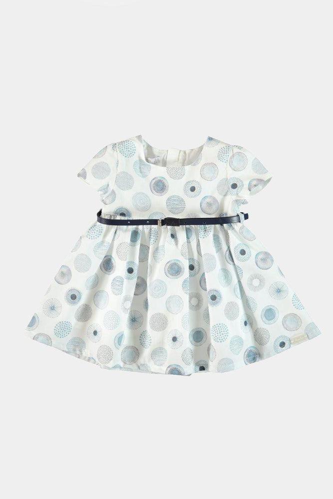 100% Cotton Blue Circles Belted Girls Dress-SinglePrice