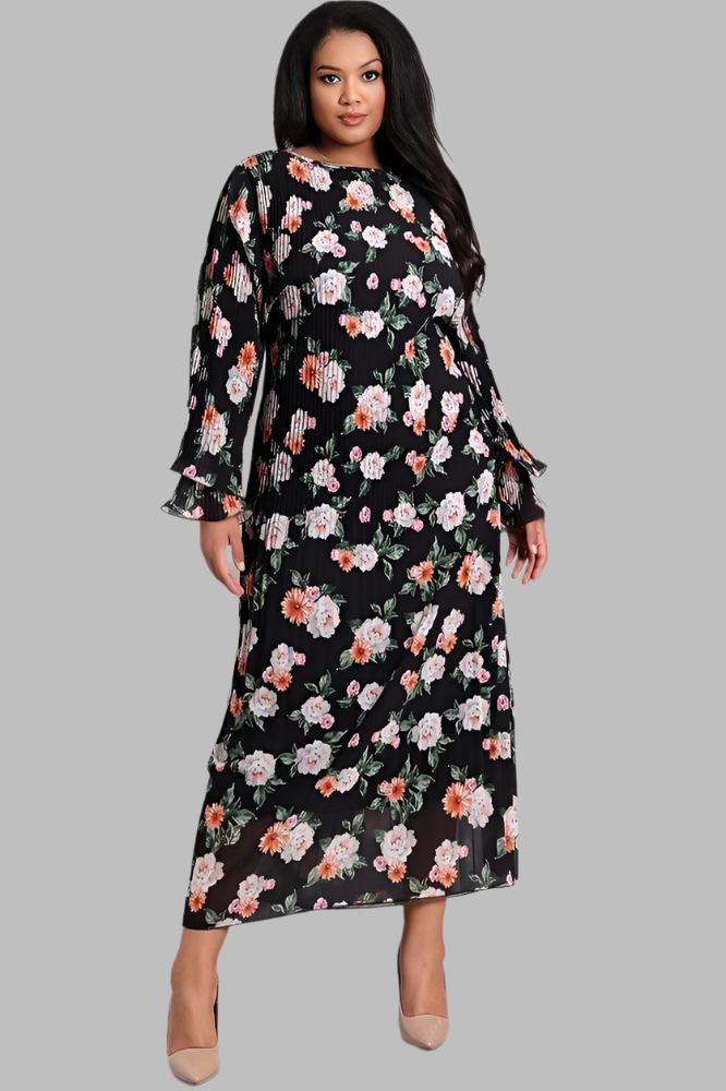 Floral Print Pleated Front Waist Tie Modest Dress-SinglePrice