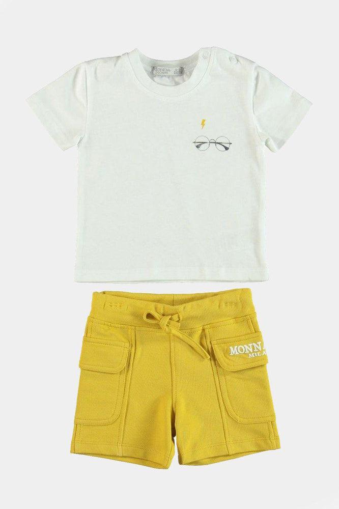 100% Cotton Glasses Print T-Shirt And Yellow Shorts Boys Set-SinglePrice