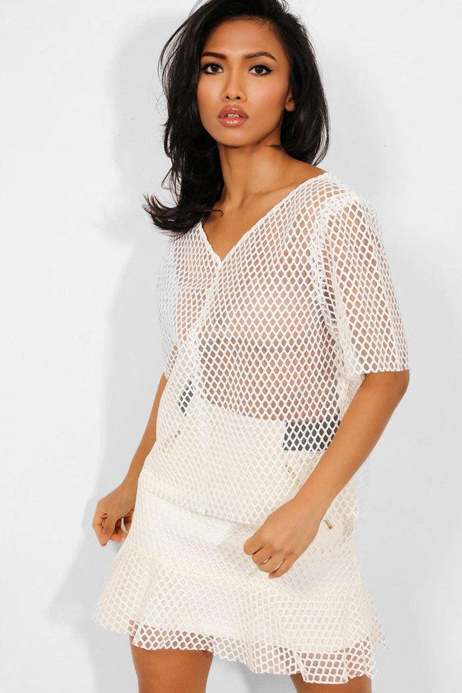 Off White Mesh Net V-Neck Top-SinglePrice