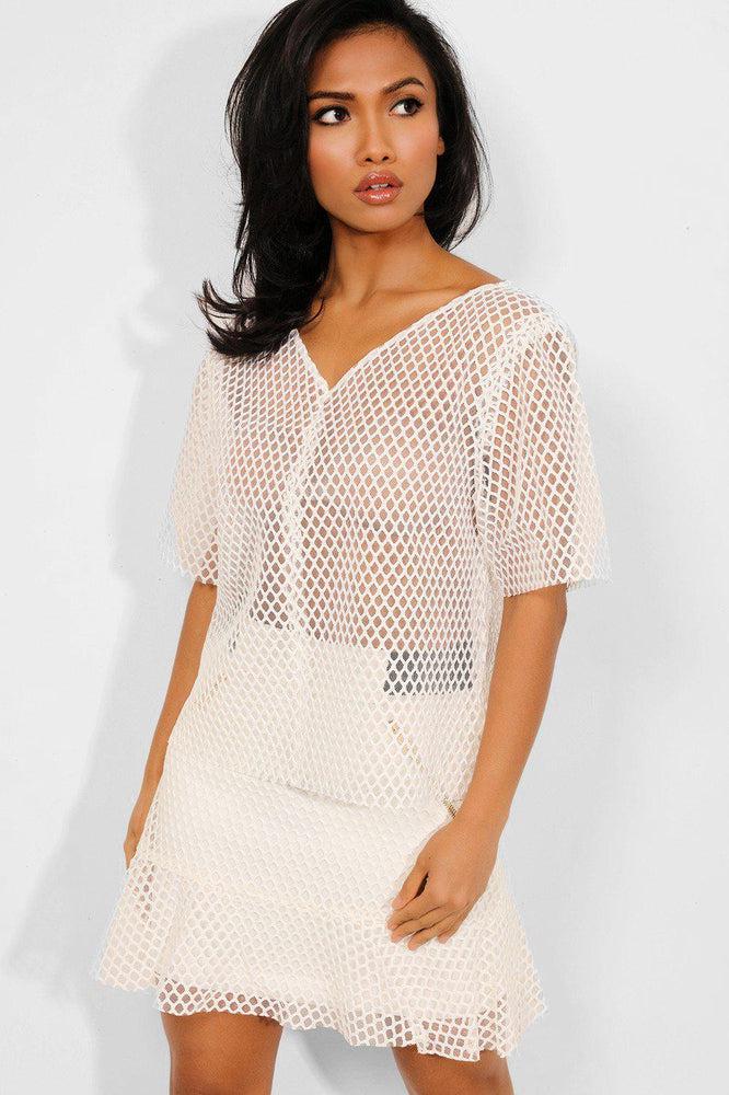 Off White Mesh Net V-Neck Top-SinglePrice