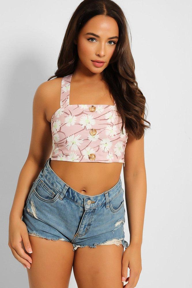 Pink Daisy Print Cropped Bralette Top-SinglePrice