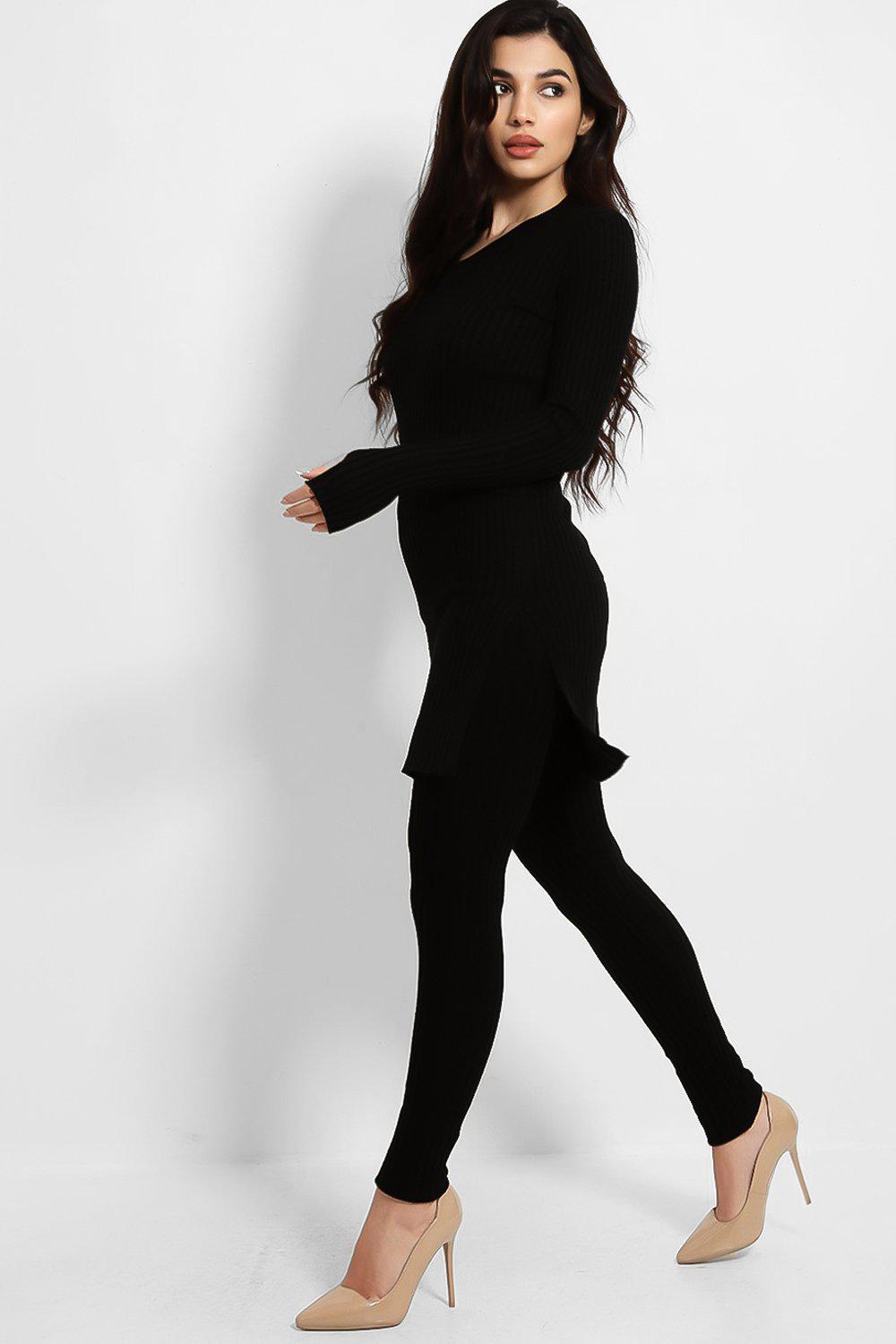 Black Ribbed Knit Long Tunic And Leggings Set-SinglePrice