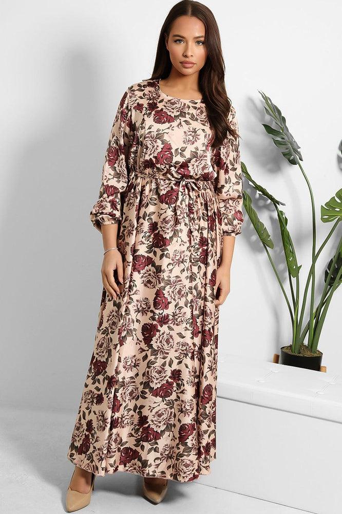 Floral Print Waist Tie Satin Modest Dress-SinglePrice