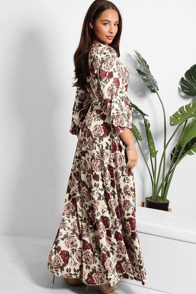 Floral Print Waist Tie Satin Modest Dress-SinglePrice