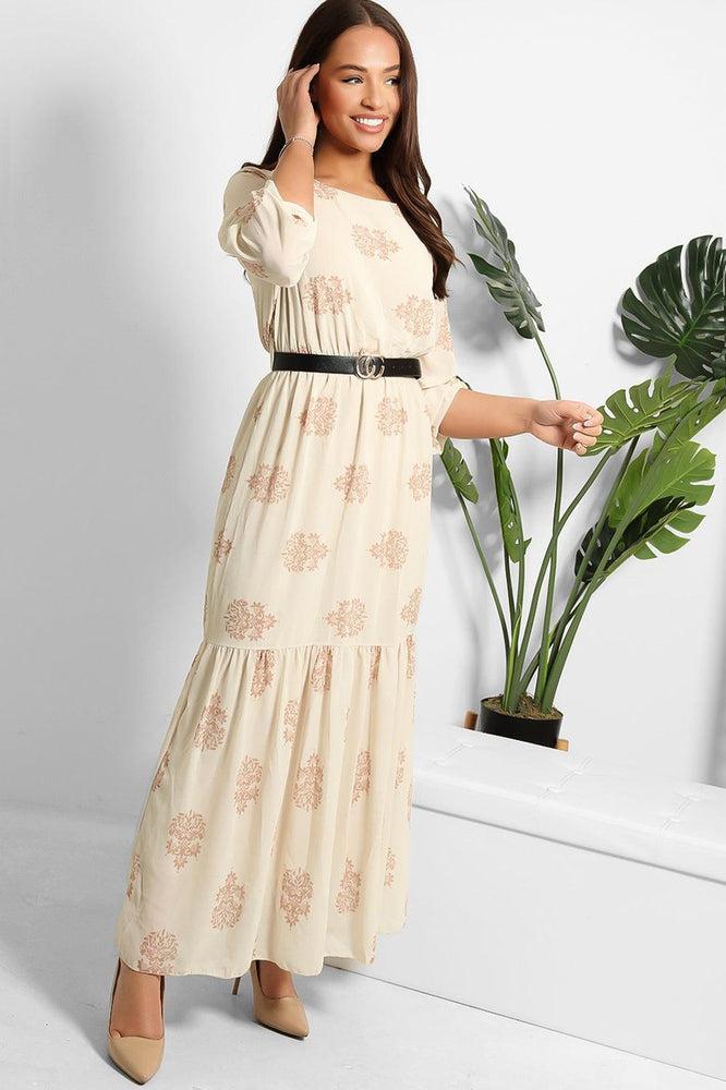 Logo Belt Floral Print Modest Dress-SinglePrice