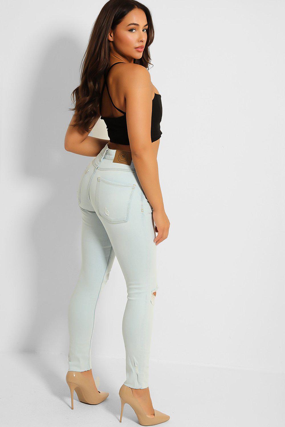 Light Blue Ripped Knees Skinny Jeans-SinglePrice