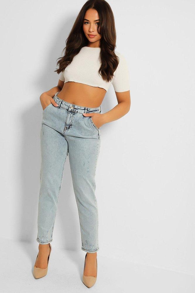 Faded Blue Stone Wash Straight Leg Jeans-SinglePrice