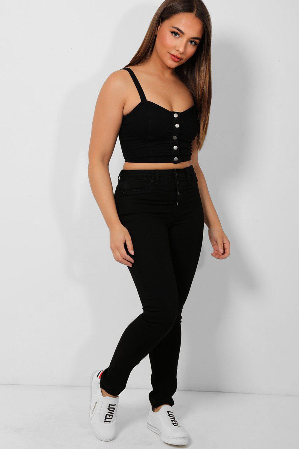 Black Buttons Front Super Skinny Denim Jeans-SinglePrice