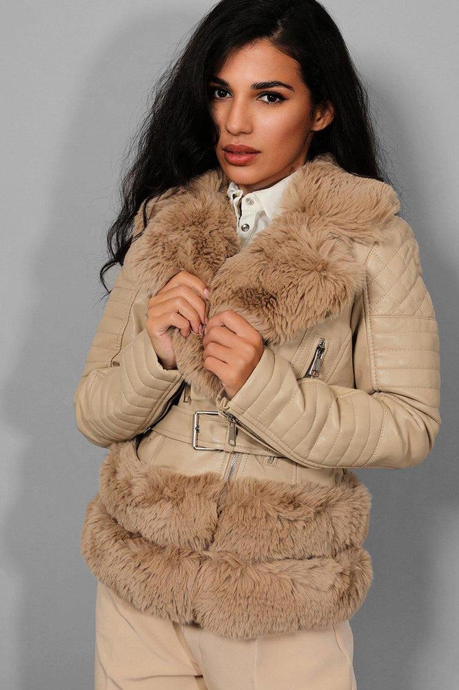 Apricot Faux Fur Trims Belt Waist Apricot Aviator Jacket-SinglePrice