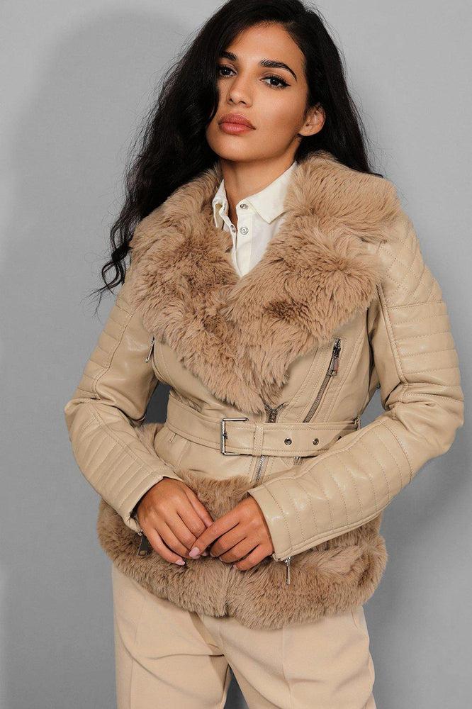 Apricot Faux Fur Trims Belt Waist Apricot Aviator Jacket-SinglePrice
