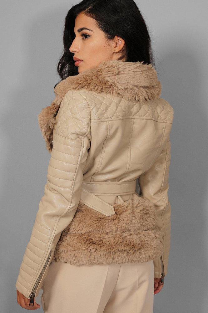Apricot Faux Fur Trims Belt Waist Apricot Aviator Jacket-SinglePrice